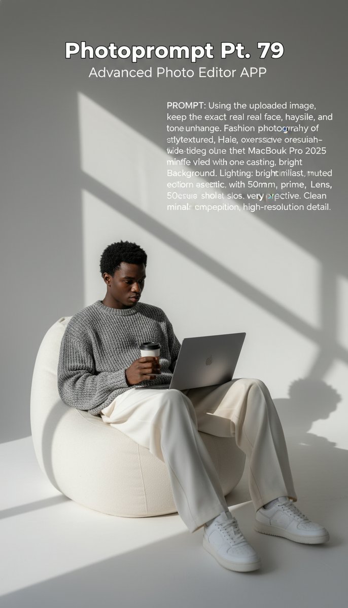 PhotopromptApp's tweet image. Prompt: Using the uploaded image, keep the exact real face, hairstyle, and skin tone unchanged. Fashion photography of a stylish male model sitting casually on a soft textured beanbag chair, working on a MacBook Pro 20...
  #artificialintelligence,#abstractart,#aistyle