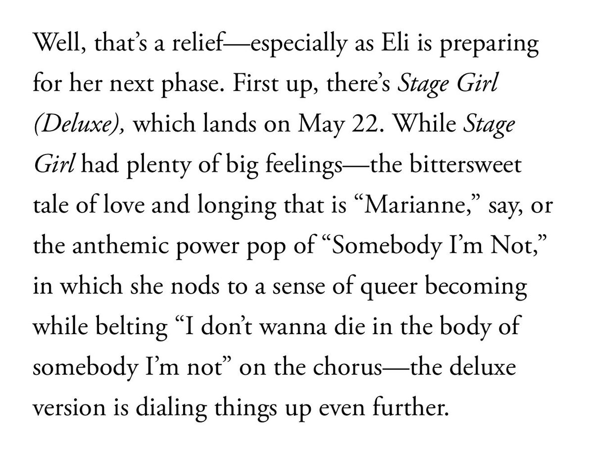 🚨 Eli reveals to <a href="/voguemagazine/">Vogue Magazine</a> that the deluxe edition of ‘Stage Girl’ will be released on May 22. 💕

🔗 vogue.com/article/eli-mu…