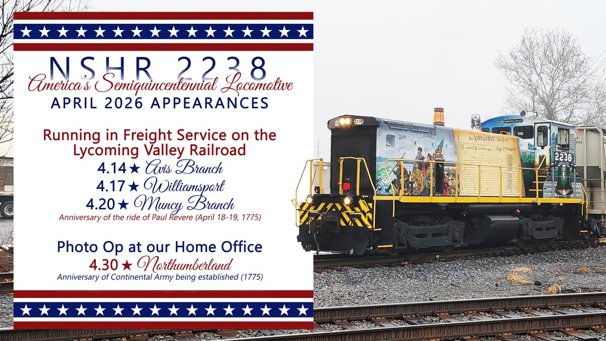 North_Shore_RR's tweet photo. NSHR 2238 ~ America’s Semiquincentennial Locomotive ~ will be running (in freight service) on the our #LVRR this month. We will also have a Photo Op at our Home Office in Northumberland (#NSHR). If you chase any of these trains, railfan safely from public property. Thank you! https://t.co/flTFxc0Y5b