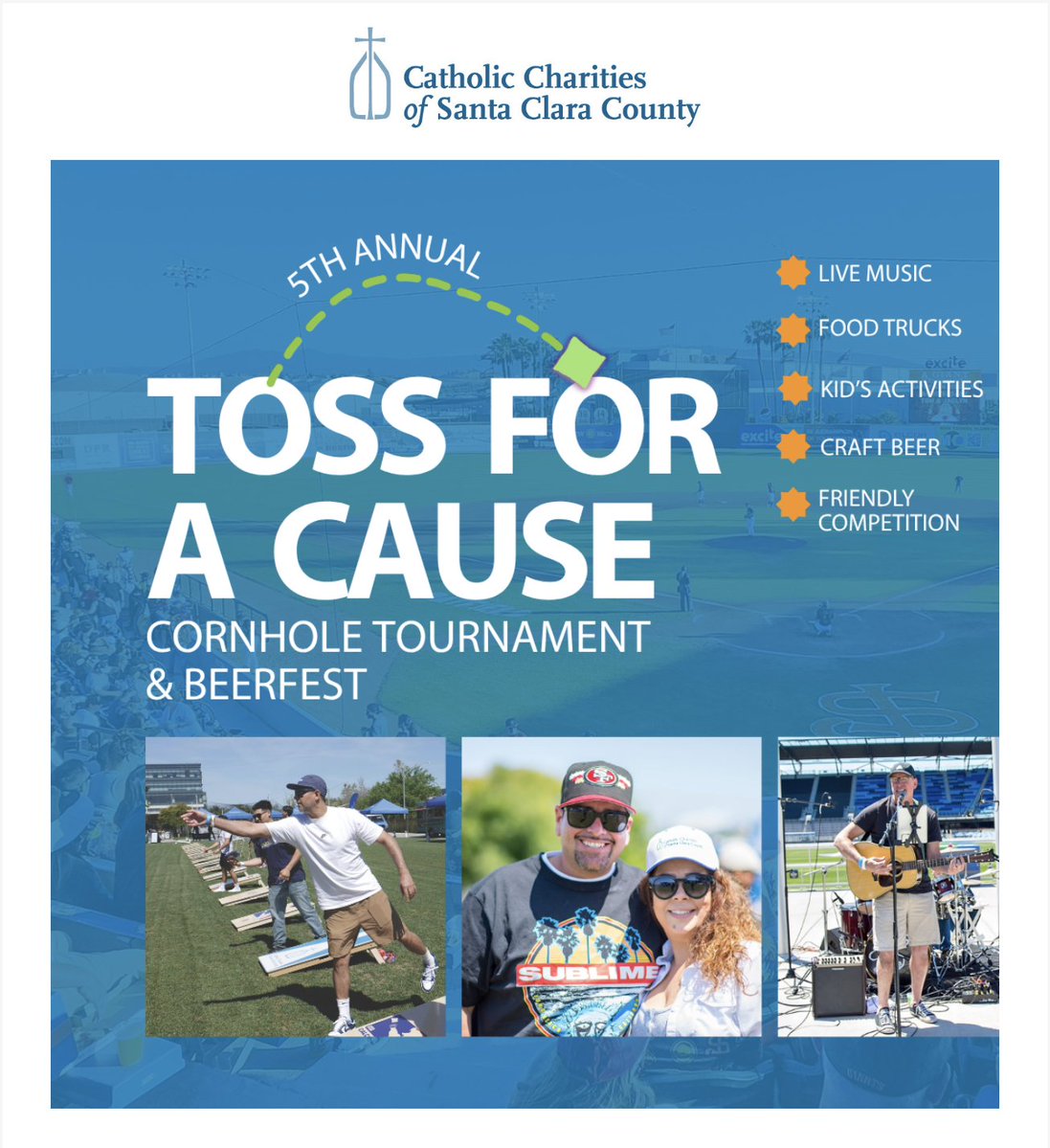 CatholicCharSCC's tweet image. When you join Toss for a Cause, you’re doing more than playing games — you’re helping transform lives. Join us Sunday, May 17 from 11 AM - 3 PM at the Excite Ballpark, home of the San Jose Giants.
👉 Register your team or purchase tickets today: bit.ly/2026-cornhole

#cornhole