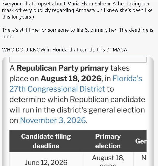 Here Ya Go My friends - We NEED A GOOD Viable MAGA America First Candidate to RUN Against Maria Salazar in FL on Aug 18, 2026 
Where the hell IS The <a href="/RNC/">RNC</a>
<a href="/GOP/">GOP</a> 
NO AMNESTY‼️
