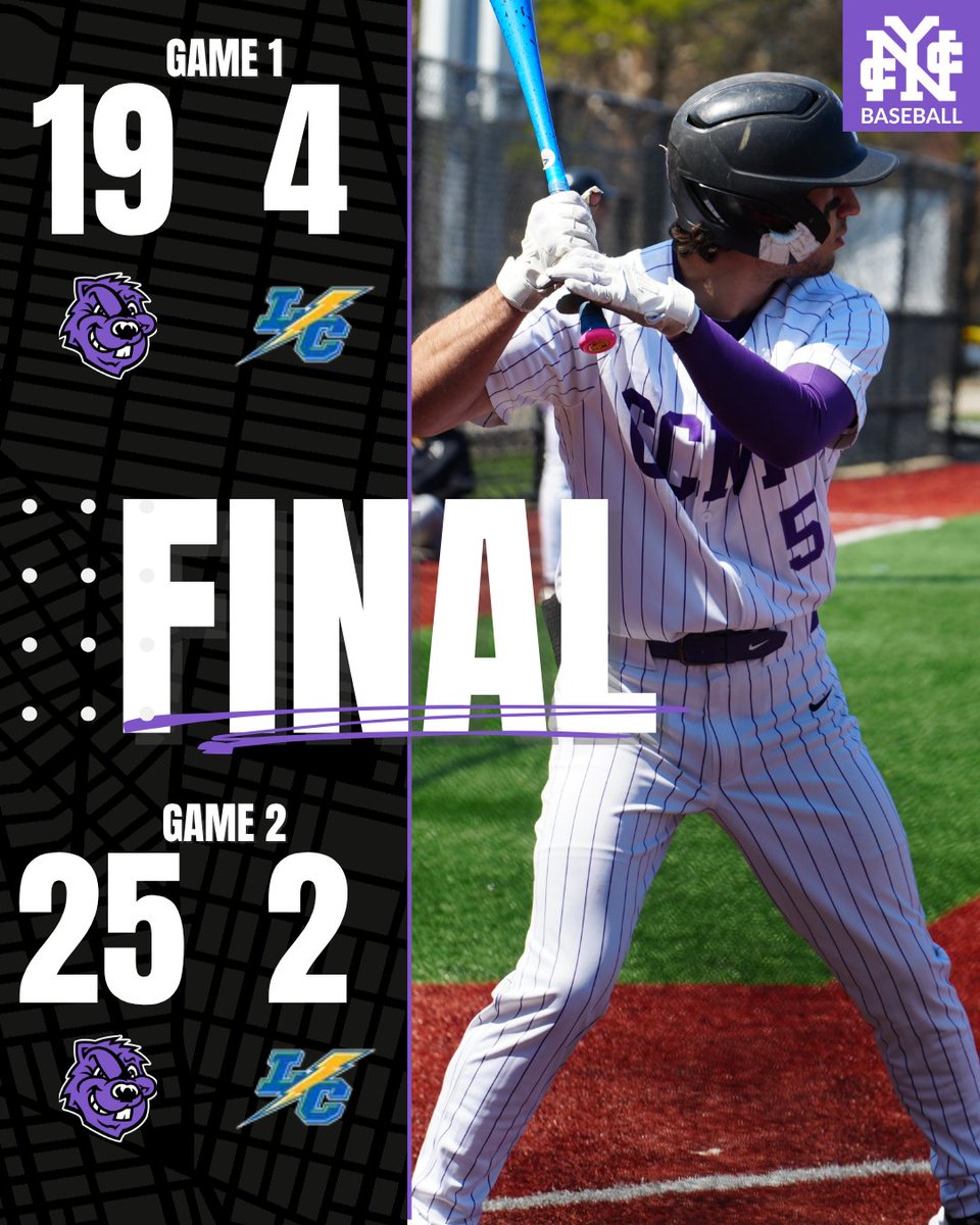 CCNYSports's tweet photo. ⚾️ FINAL – DOUBLEHEADER SWEEP
CCNY Baseball erupts for 44 runs to sweep Lehman in @CUNYAC action at Lasorda Legacy Park.
🔥 G1: 19–4 W
🔥 G2: 25–2 W
Big days from Molinaro, Cirigliano, Rank, Persampire & Cundari.
Rank: 12 K in Game 2.
#GoBeavers🟣⚫️ | #PrideoftheCity https://t.co/UUqUjV5pws