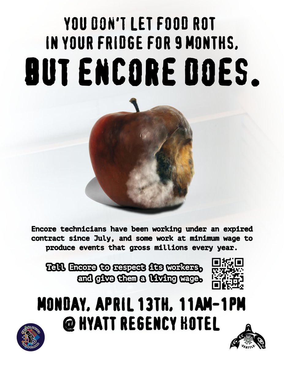 IATSE488's tweet photo. STAND WITH IATSE LOCAL 15 (Stagehands Seattle) in rally against Encore Global Monday, April 13!

Rally to protest Encore Global’s slow progress in contract negotiations with its in-house audiovisual technicians. https://t.co/qHNeKkIg5V