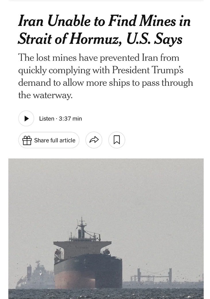 carlquintanilla's tweet image. (NYT) - Iran has been unable to open the Strait of Hormuz to more shipping traffic because it cannot locate all of the mines it laid in the waterway and lacks the capability to remove them, according to U.S. officials.

@nytimes 
nytimes.com/2026/04/10/us/…
