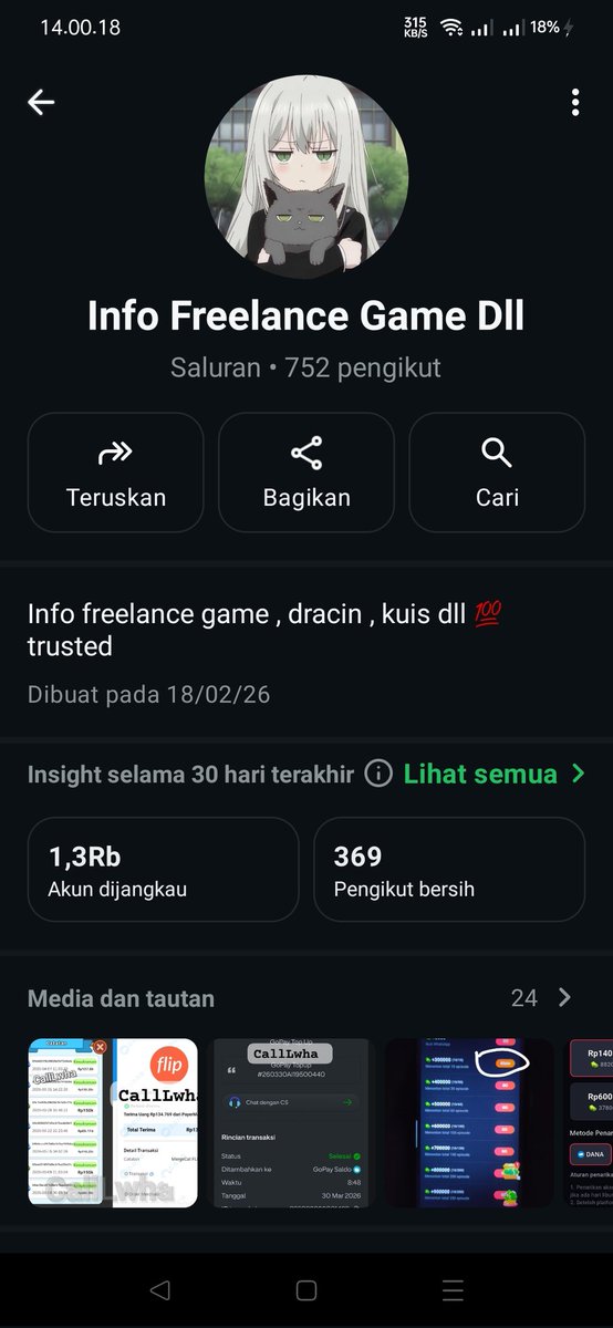 CallLwha's tweet image. Selamat pagi guys 
Ayang mau job receh sidejob wfh freelance boleh gabung chku yaa
Ikuti saluran Info Freelance Game Dll di WhatsApp: whatsapp.com/channel/0029Vb…
#zonauang #zonabu #sidejob #infolokef #freelance #jobreceh
