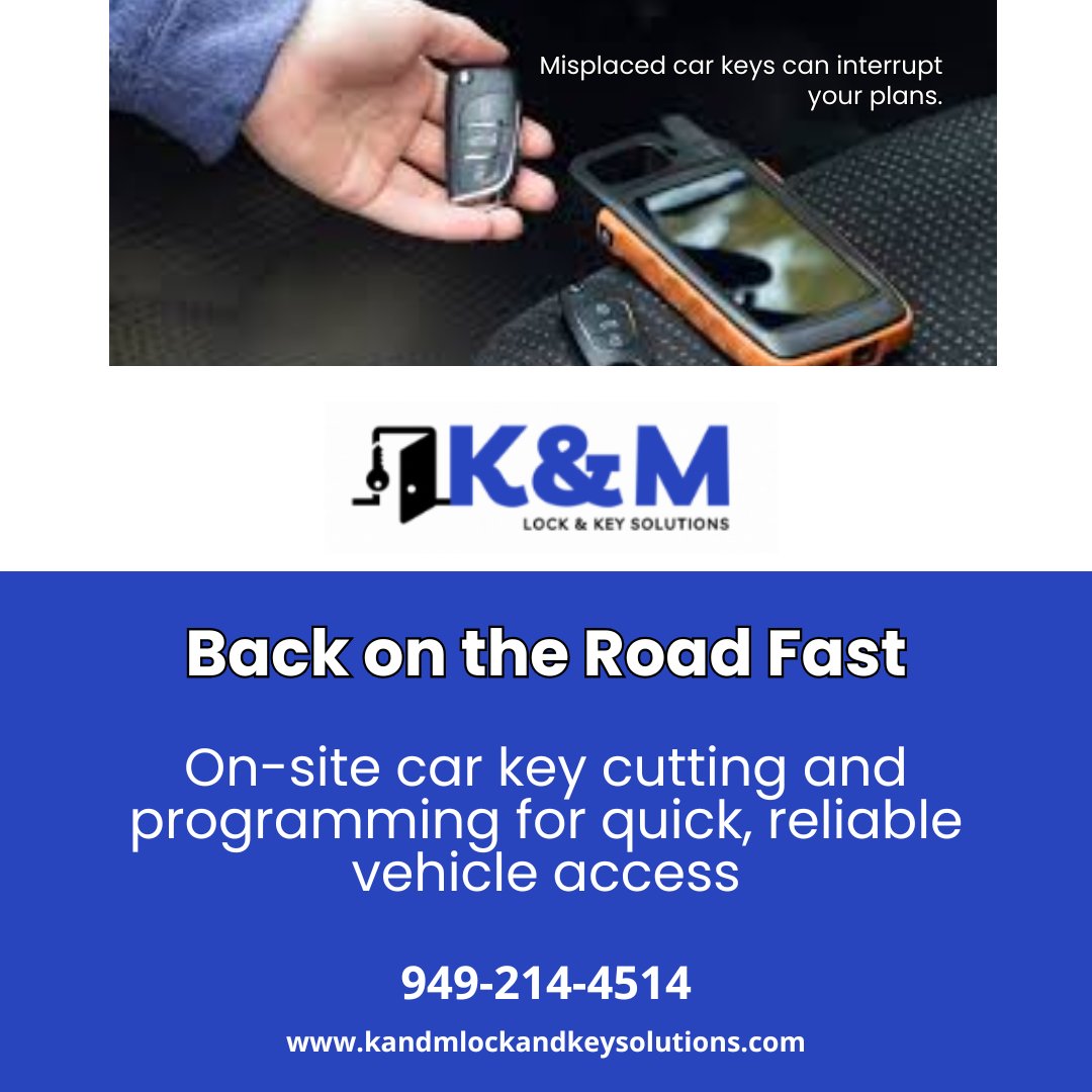 KandM_Lock's tweet photo. Losing or damaging your car key doesn’t have to slow you down. With on-location service, you get precise cutting and programming right where your vehicle is—so you can get moving again without the wait #CarKeyReplacement #AutoLocksmith #OnSiteService https://t.co/vbkpJJNafK