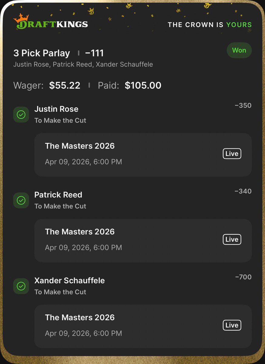 BigToney8's tweet image. BOOM!!! Cash the to make the cut builder @DubClub_win!!! 💰💰💰

$55-----&amp;gt;$105 ✅✅✅

Link below ⬇️

dubclub.win/BigToney8/

#Masters #PGA #Gambling𝕏
