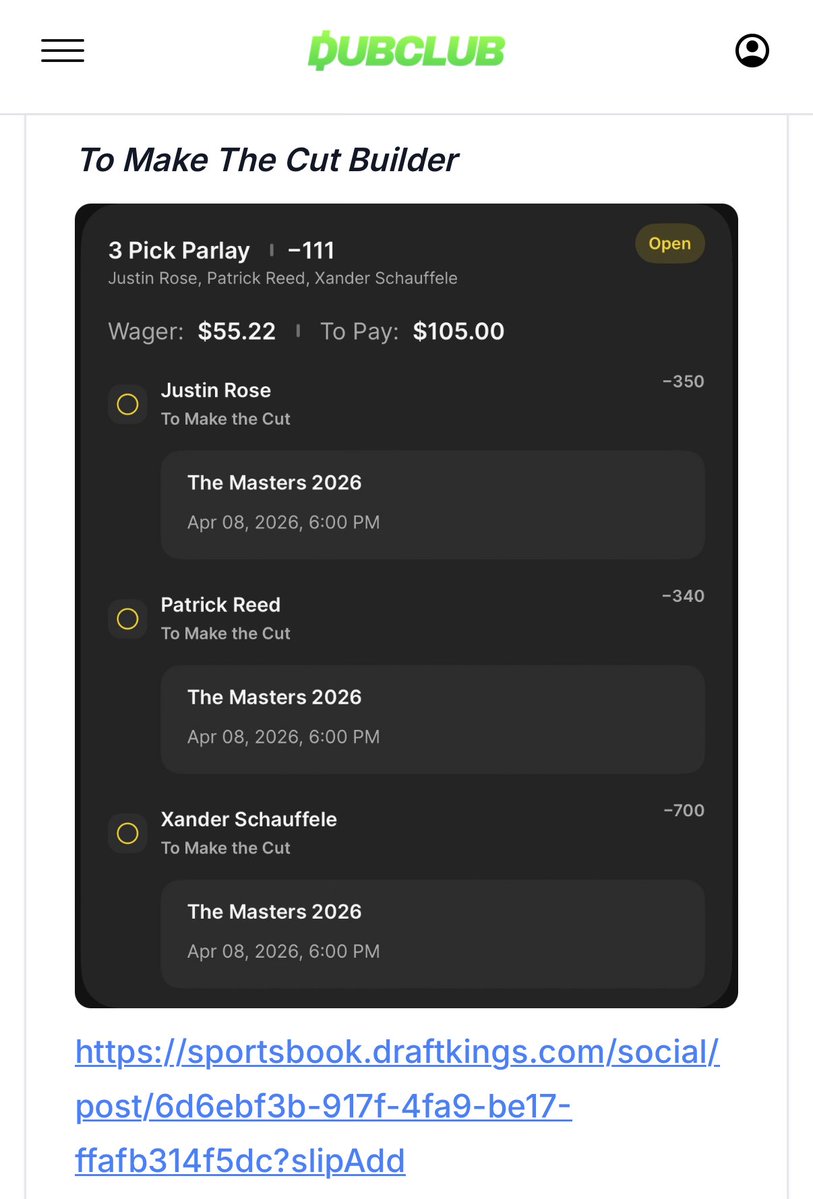 BigToney8's tweet image. BOOM!!! Cash the to make the cut builder @DubClub_win!!! 💰💰💰

$55-----&amp;gt;$105 ✅✅✅

Link below ⬇️

dubclub.win/BigToney8/

#Masters #PGA #Gambling𝕏