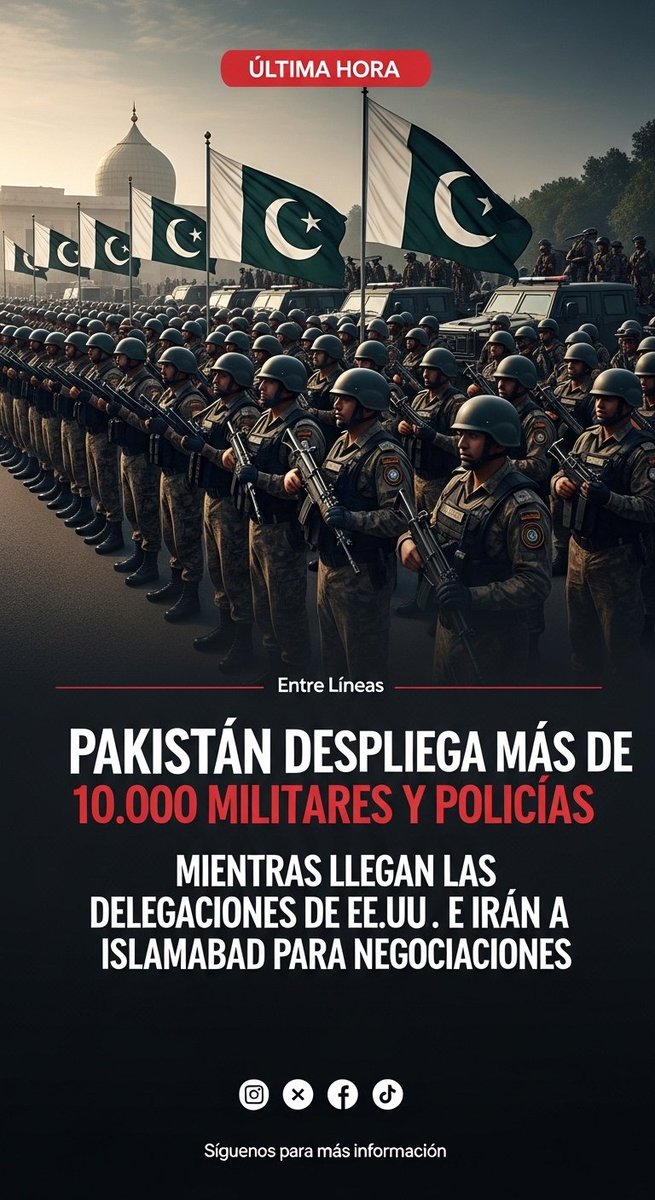 EntreLineaHQ's tweet image. 🚨 ¡Tensión máxima en Islamabad!
Pakistán despliega más de 10.000 militares y policías mientras llegan las delegaciones de EE.UU. e Irán para negociar.

Seguridad extrema activada. ¿Se logrará un acuerdo?

#Pakistan #Iran #Trump2025