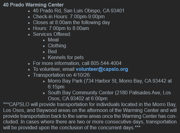 CountyofSLO's tweet photo. Heads up #SLOCounty! Warming Shelters are opening up tonight, March 31st, provided by Community Action Partnership of San Luis Obispo County, Inc. https://t.co/wFA6alo5NS
