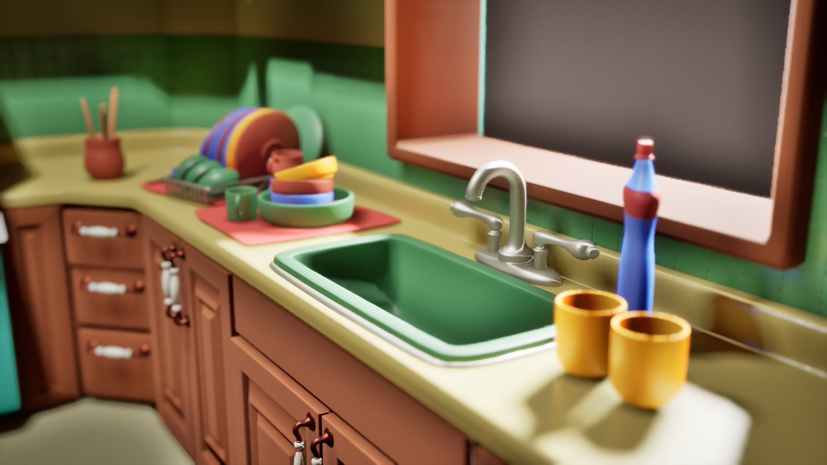 3vilmatthias's tweet photo. That old kitchen diorama, re-rendered in Unreal! I am much happier with this one. I would like to go in and make some of the assets a bit more toy-like, however. https://t.co/SbDp07KYYb
