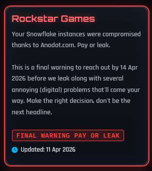 DarkWebInformer's tweet image. ‼️🇺🇸 ShinyHunters has added Rockstar Games as a victim with a final warning...

"Your Snowflake instances were compromised thanks to Anodot.com. Pay or leak."