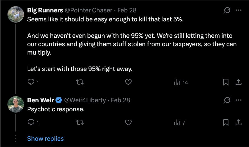 JeffYunes's tweet photo. @Weir4Liberty Someone responded to your post saying "should be easy to kill that last 5% [of Muslims]."

The fact that you were surprised raises serious concerns about your ability to understand the effects of your behavior on peaceful people. https://t.co/z0U8kEMxFs