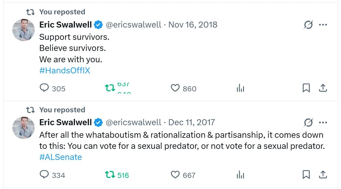 MatHelman's tweet image. 2026 @RepSwalwell @ericswalwell should heed the 2017 &amp;amp; 2018 Eric Swalwell tweets and immediately #resign his #CA14 seat and withdraw from #CAGov.

"You can vote for a sexual predator, or not vote for a sexual predator."

"Support survivors.
Believe survivors."

#EricSwalwell