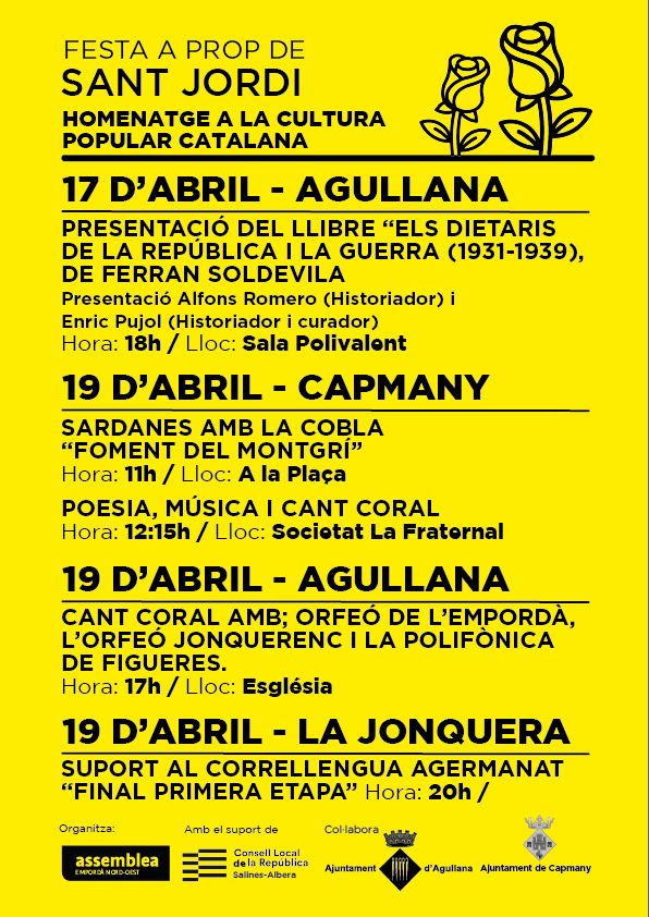 CLdR_Agullana's tweet photo. 🌹
Reivindiquem la diada de St Jordi com a expressió genuïna de catalanitat
📌 Divendres 17/4 es presenta el llibre ELS DIETARIS DE LA REPÚBLICA I LA GUERRA
#Agullana
📌 Diumenge 19/4, diada d'actes de Cultura Popular Catalana a:
#Capmany
#Agullana
#laJonquera @Correllengua_ https://t.co/qd3aXATp3f