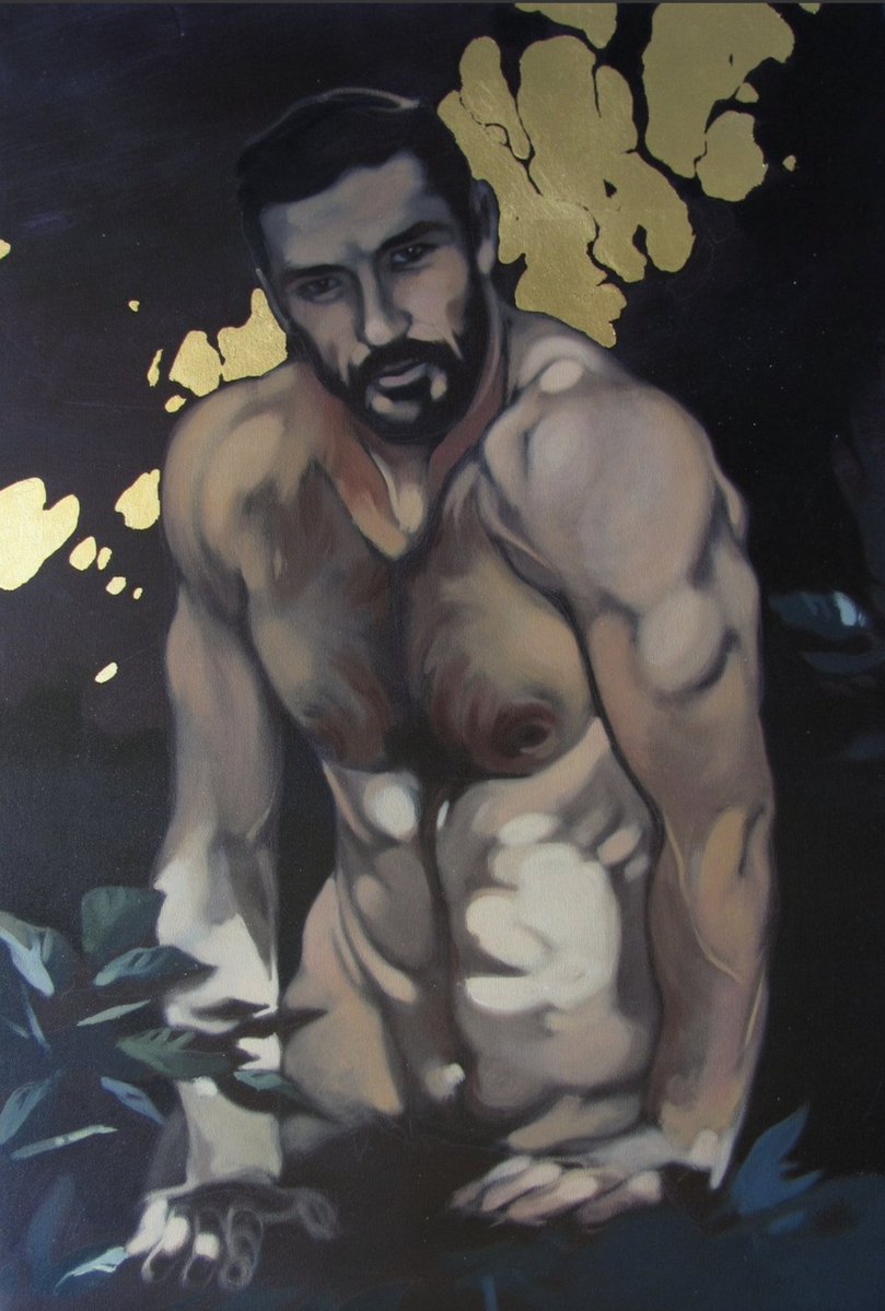 Bear stud artist
Jakub Godziszewski, b. 1989, Polish.  Spirit of the Forest, 2016, oil, flake gilt on canvas, 60 x 90 cm. 
one.bid/en/modern-art-…