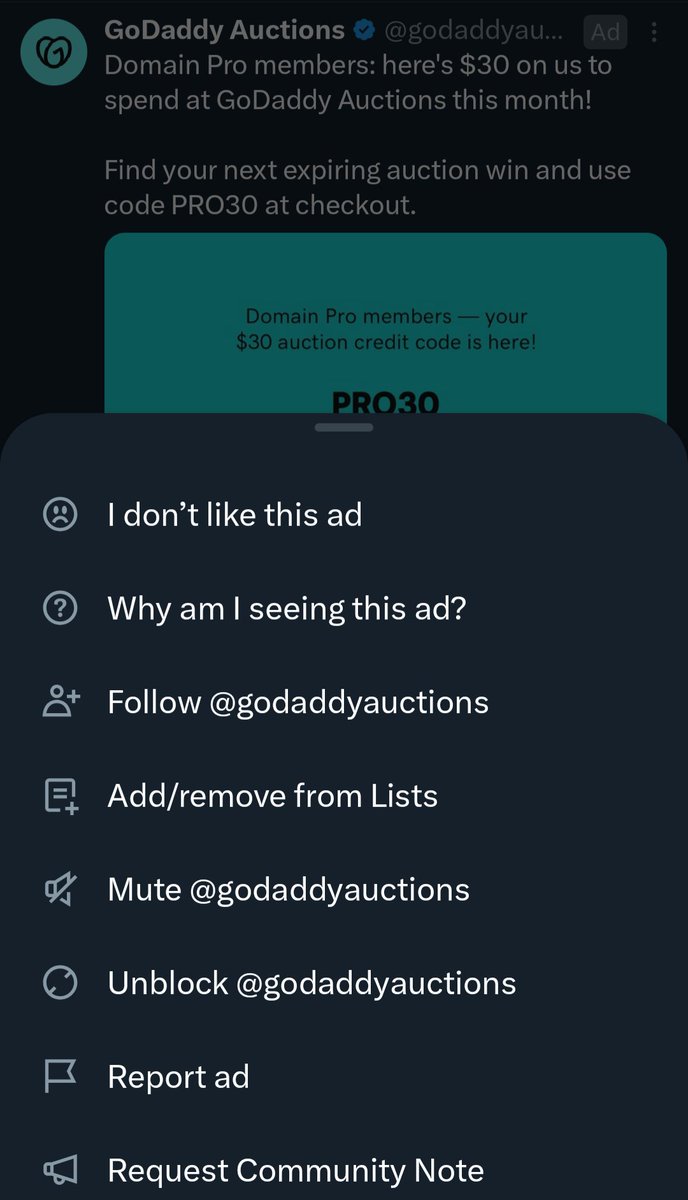 __LeftistVegan's tweet image. Can't even block advertisers anymore.
FYI GoDaddy is I$raeli and in the BDS list obviously