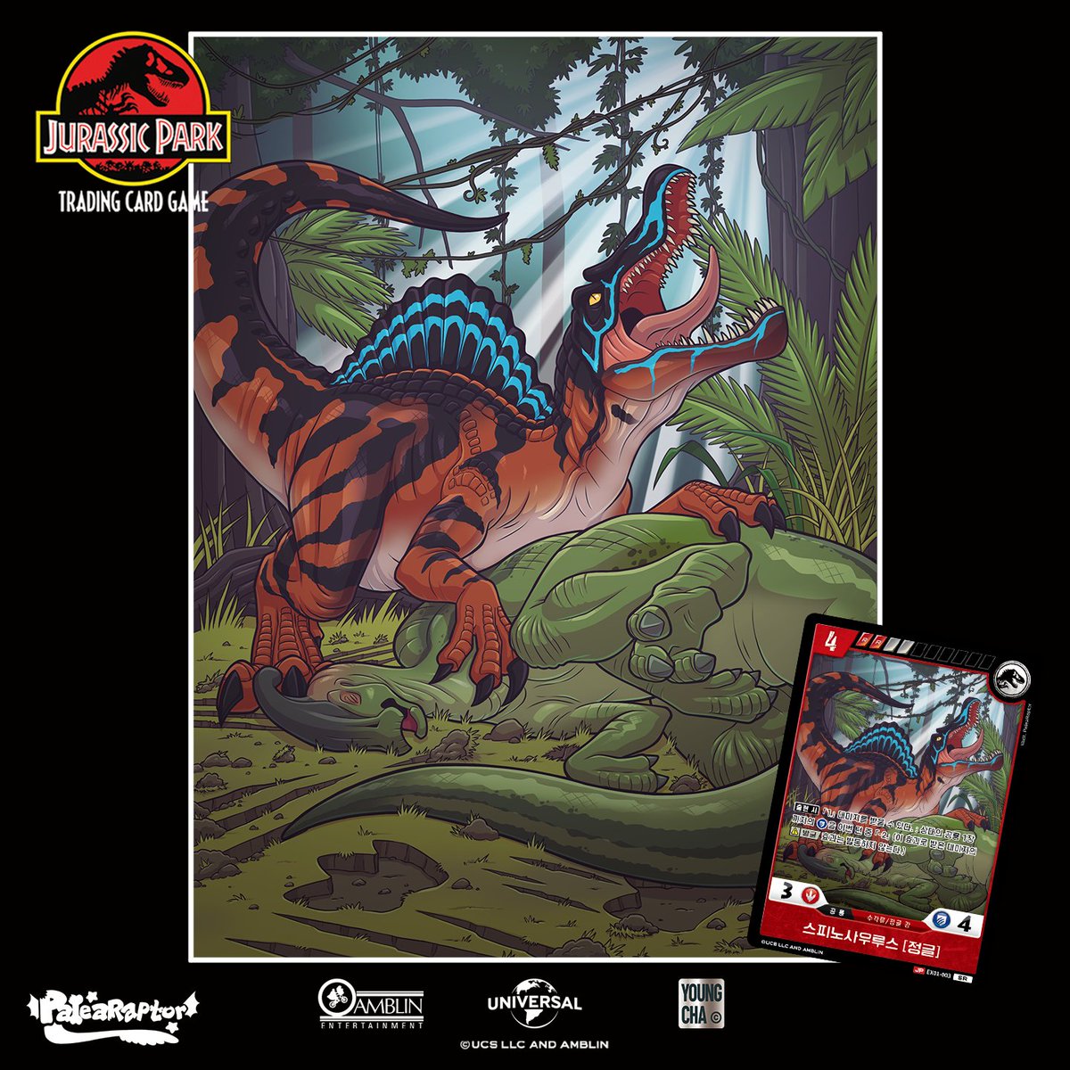 PaleaRaptor's tweet image. My artwork for the CamoXtreme Jungle Spinosaurus card from the Jurassic Park TCG EX-01 "Raptor Strike" set! I think this is probably the card I'm the proudest of in this batch of cards! 
❤️✨🦖
 
#jurassicpark #dinosaurs #TCG #jurassicparktcg #jurassicworld