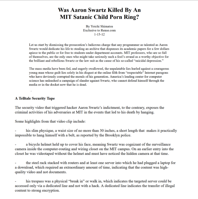 StoshMr's tweet photo. @DBrozeLiveFree Wow good find.  In 2012. Journalist Yoichi Shimatsu questioned if Swartz was killed by an "MIT Satanic Child Porn Ring." That was well before Epstein's ties to MIT were known. https://t.co/cICvtbI6yf