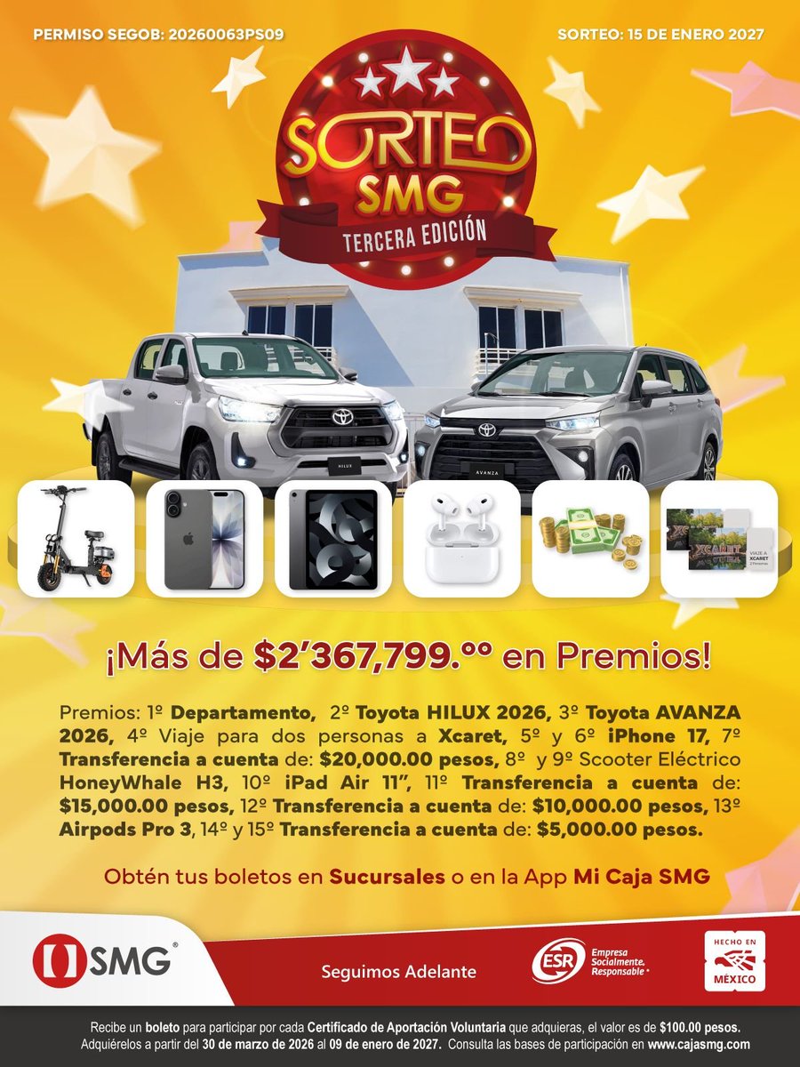 🎉✨ ¡#CajaSMG te invita a participar la 3era edición del Sorteo SMG con más de 💰$2 millones de pesos en premios! ✨🎉
🏩 1er premio: ¡Un departamento!
🚙 2° y 3°: Autos 2026
🏝️ Viaje a Xcaret
📱 iPhone 17, iPad Air, AirPods y mucho más
💸 ¡Premios en efectivo hasta de $20,000!
