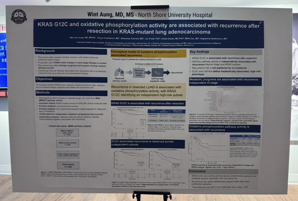 Arthur_Aung's tweet photo. It was a privilege to present our work on recurrence in KRAS-mutant LUAD and receive thoughtful feedback from faculty.

Our findings highlight an association between KRAS G12C, oxidative phosphorylation activity, and recurrence after resection.  #TexasLung. https://t.co/7jOzKiir86