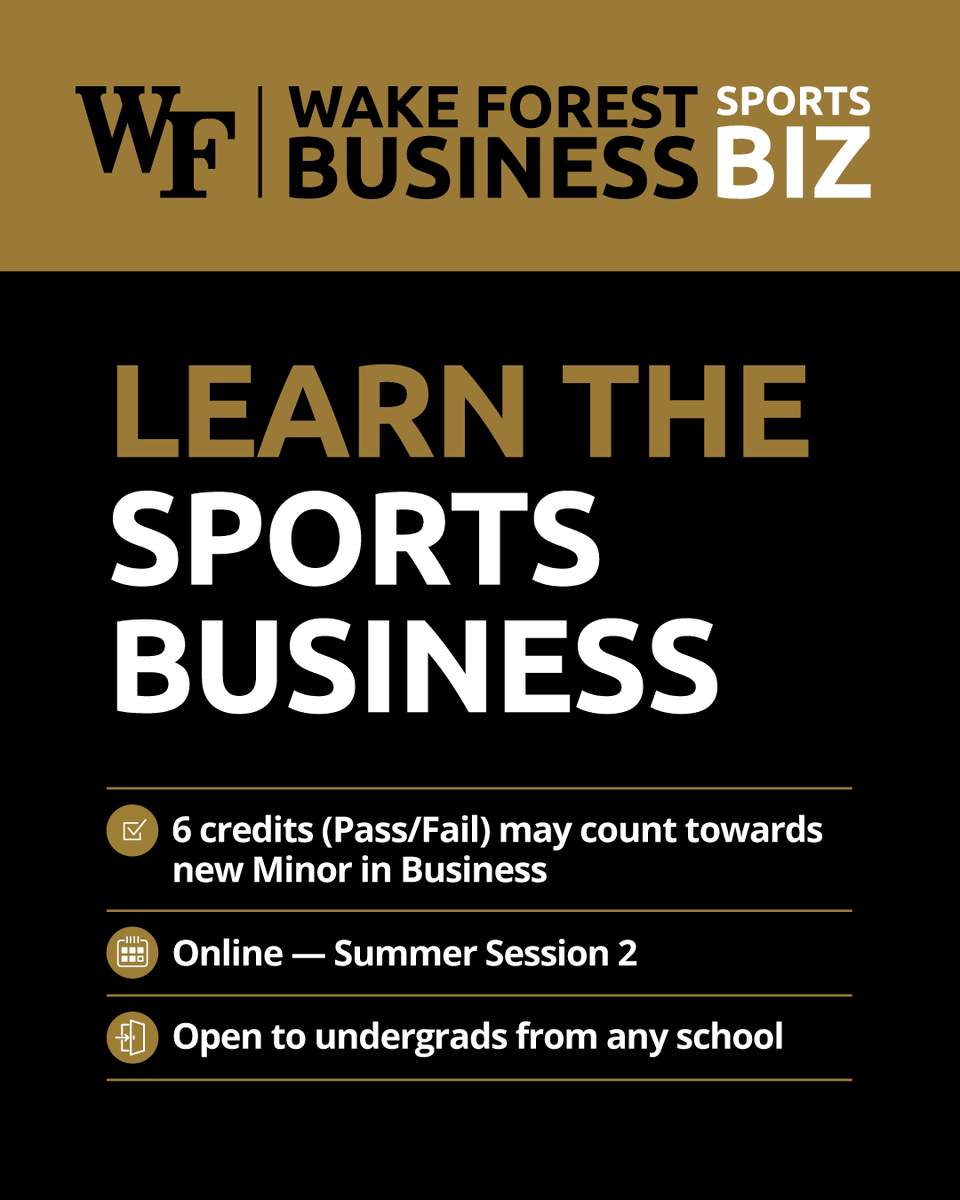 WakeForestBiz's tweet photo. Explore the business of sports this summer with SportsBIZ! 💼 ⚾ 🏈  

Open to all majors and students from any school, gain exclusive access to  lessons and insights from leaders across the sports industry. 

Learn more about the program and register now: https://t.co/XRRlXjTYw2 https://t.co/DKx9wzfcTo