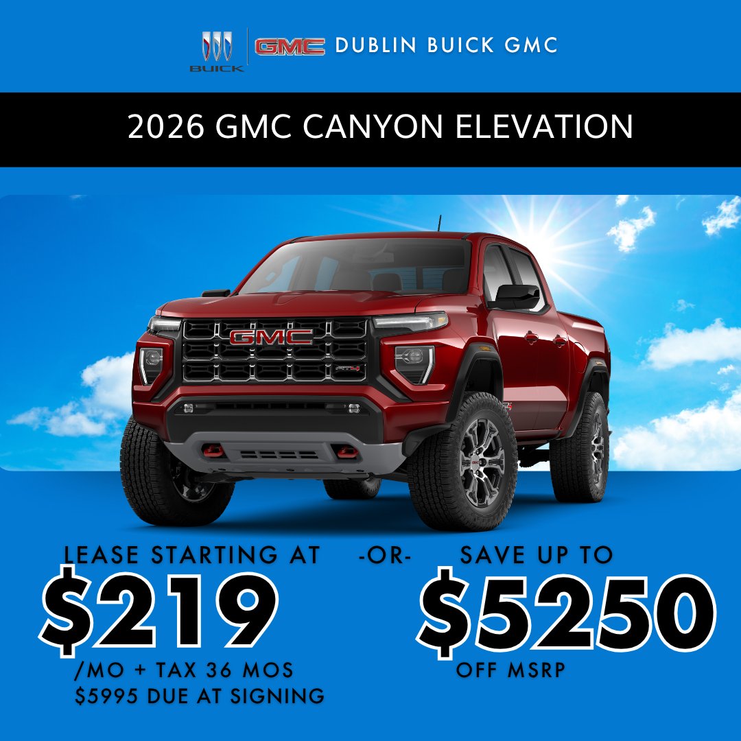 Dublin_BuickGMC's tweet image. Ready for midsize versatility? 🚙 Canyon Confidence: The 2026 GMC Canyon Elevation leases from $219/mo for 36 mos or offers up to $5250 in total value 💼✨ #GMCCanyon #TruckLife #AutoOffers

Shop For Yours at 👉 p1.tt/4steKHX