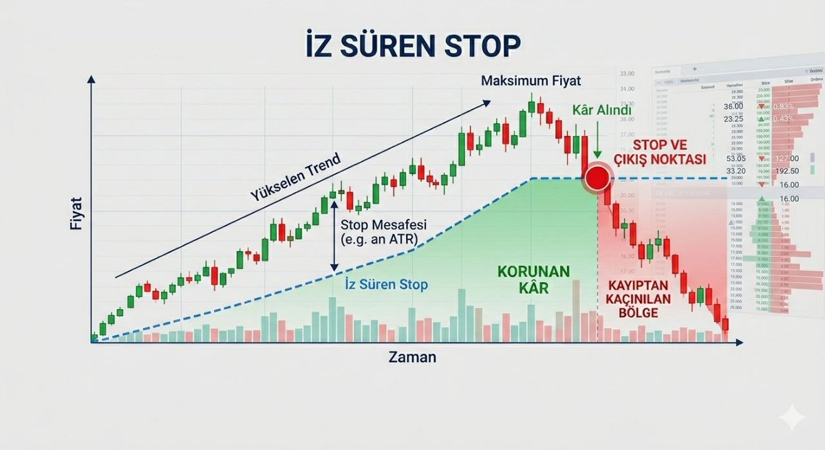 Agah_Hoca's tweet photo. İZ SÜREN STOP NEDİR  ?

Daha iyi anlamanız için örnek üzerinden anlatayım;

100 TL'den bir hisse aldınız ve %5'lik bir iz süren stop belirlediniz.

Hisse 110 TL'ye çıkarsa, stop seviyeniz 95 TL'den otomatik olarak 104.5 TL'ye yükselir (%5 aşağısı).

Hisse 120 TL'ye çıkarsa, stop seviyeniz 114 TL'ye güncellenir.

Hisse 115 TL'ye düşerse, stop seviyeniz 114 TL'de sabit kalır.

Fiyat 114 TL'ye dokunduğunda sistem sat emri verir, böylece 100 TL'den aldığınız ürünü 114 TL'den satıp kârı garantilersiniz.

Bu yöntemi kullanarak portföylerinizi çok daha sağlıklı şekilde büyütüp koruyabilirsiniz.