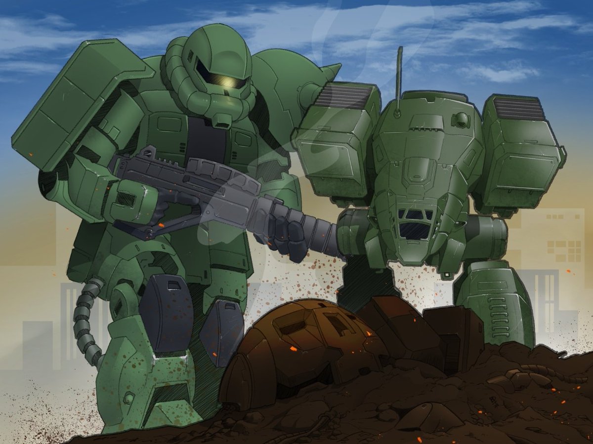 ArtClodBruce's tweet photo. A commission from last month. Zaku and a Cat. https://t.co/LUHhzMiMNh