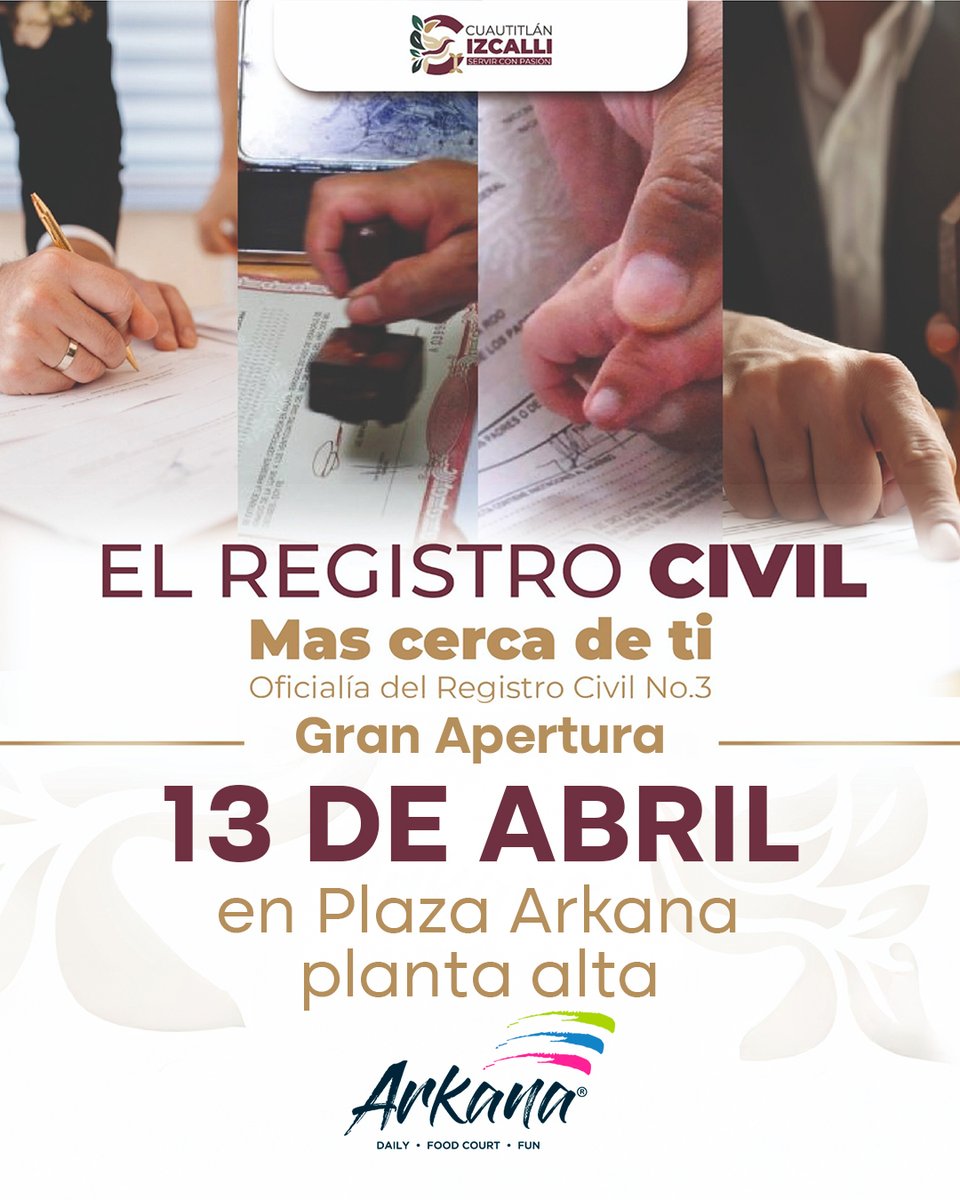 ArkanaNorte's tweet photo. 🏛️✨ ¡Más cerca de ti, más fácil para ti!
Este 13 de abril, llega a Plaza Arkana la Gran Apertura del Registro Civil 📄Ahora podrás realizar tus trámites de manera más rápida, cómoda y sin salir de tu zona. 
📍 Te esperamos en planta alta
Haz tus trámites, aprovecha tu visita. https://t.co/zsBGo0y4g7