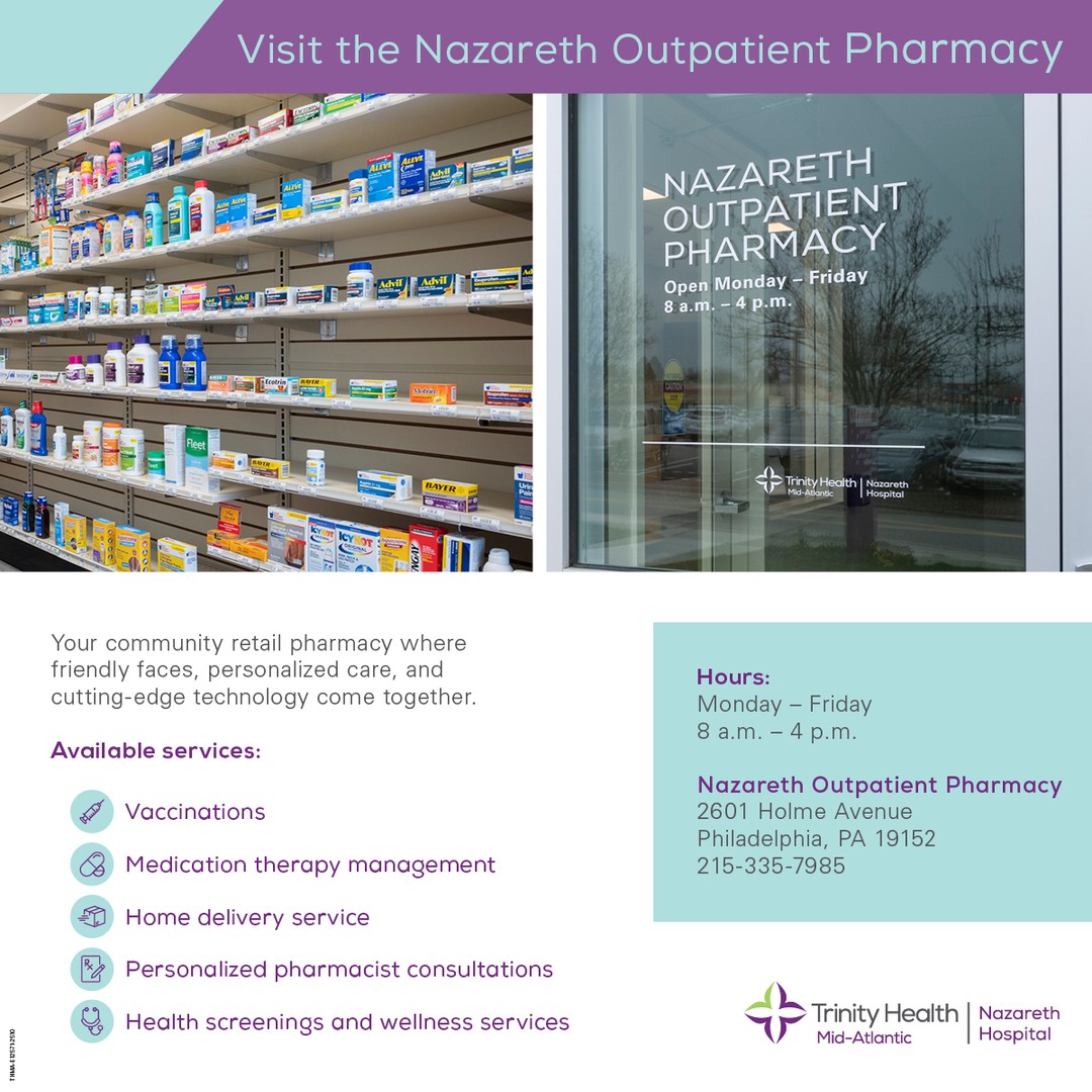trinityhealthma's tweet image. The Nazareth Outpatient Pharmacy at Nazareth Hospital is more than a place to pick up prescriptions—it’s your trusted health partner. Learn more about the Nazareth Outpatient Pharmacy and contact us today: bit.ly/47Hn4Nf

#Pharmacy #OneStopShop #ShopLocal
