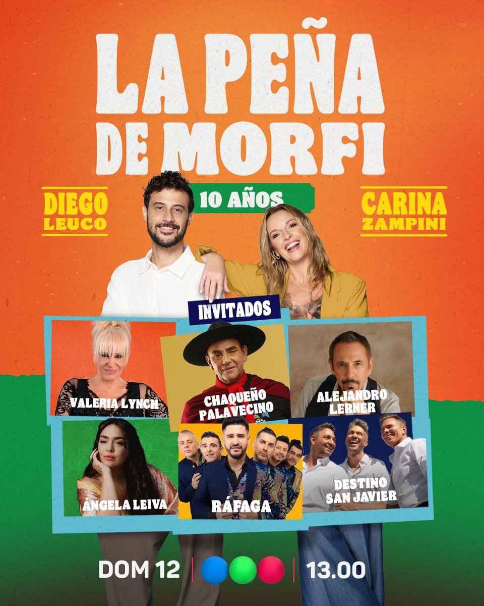 ¡Nueva temporada! 🔥 #LaPeñaDeMorfi con la conducción de <a href="/diegoleuco/">Diego Leuco</a> y Carina Zampini ✨

Este domingo 12 tenemos invitados de Lujo:
💃🏻 VALERIA LYNCH
🎶 CHAQUEÑO PALAVECINO
👏 ALEJANDRO LERNER
✨ ÁNGELA LEIVA
🎺 RÁFAGA
🎤 DESTINO SAN JAVIER

Desde las 13:00 hs por Telefe
