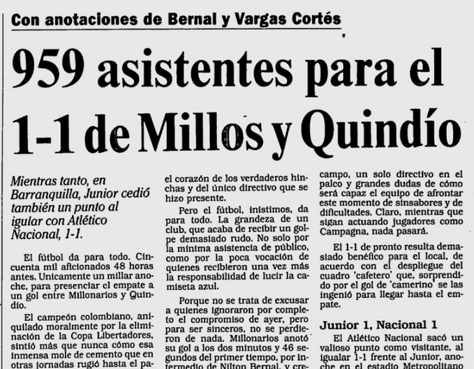 estoy terminando de montar el video del domingo y me encontré un aporte para mis amiguitos santafereños.

esto pasó dos días después de la eliminación con Nacional en la Libertadores de 1989, parece que la Copa Asistencias no se jugaba en la época.
