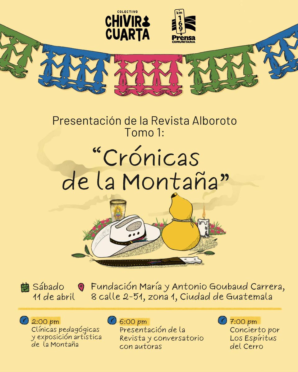PrensaComunitar's tweet photo. El @CChiviricuarta y Prensa Comunitaria presentan la revista Alboroto 📢

Queremos compartirles con inmensa alegría que nació la revista con su primera publicación “Las Crónicas de la Montaña”, un hermoso esfuerzo comunitario desde la mirada del pueblo Xinka con historias de rebeldía, resistencia y esperanza.🔎 

Comenzamos con clínicas pedagógicas y una exposición artística de la montaña, luego la presentación de la revista Alboroto y finalizamos con un concierto por los Espíritus del Cerro. 📌