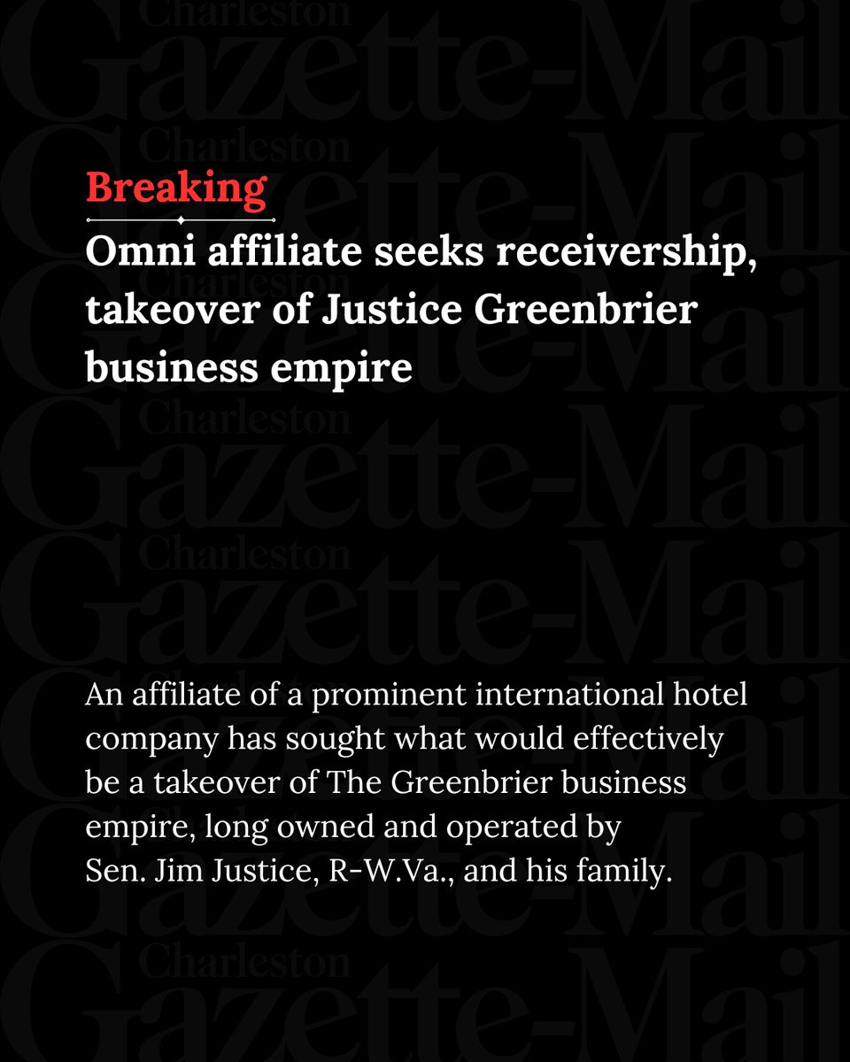 wvgazettemail's tweet photo. White Sulphur Springs Holdings LLC, affiliate of Dallas-based Omni Hotels & Resorts, submitted a federal court filing Thursday seeking receivership for the historic Greenbrier Resort and web of related companies.

Revealed Friday, the request from the newly formed firm follows it buying $289.48 million in loans, subsequently reduced to judgments, related to entities in which Justice had an interest, according to a U.S. Securities and Exchange Commission filing last month from the seller of the loans, Carter Bankshares, Inc., parent company of Martinsville, Virginia-based Carter Bank.

The Omni affiliate specifies in its filing that while it owns judgments secured by property interests like coal mining assets unrelated to The Greenbrier Resort, the plaintiff seeks only a receiver over the defendant companies and their property interests comprising the resort.

👉 READ MORE: https://t.co/L17rDpnPjj
