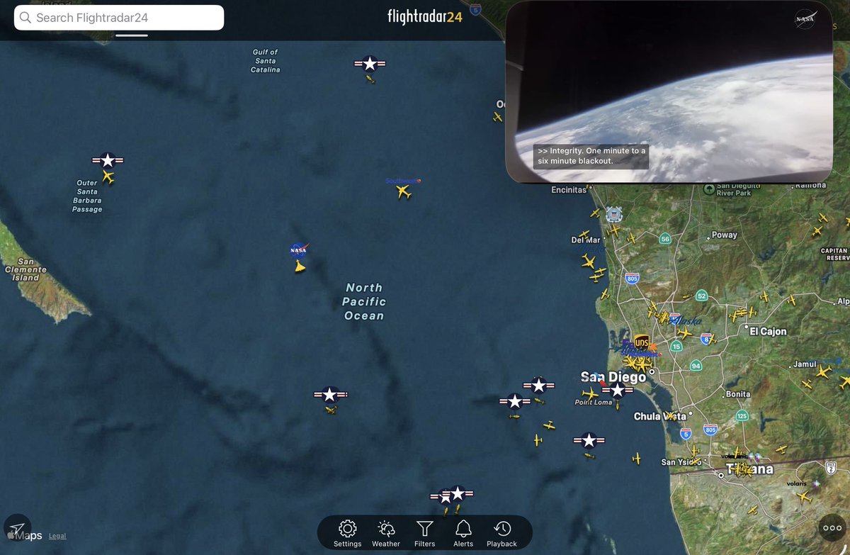 flightradar24's tweet image. Airspace over the Pacific Ocean near San Diego (and NASA’s livestream) as everyone waits for Artemis II’s splashdown in just a few moments.