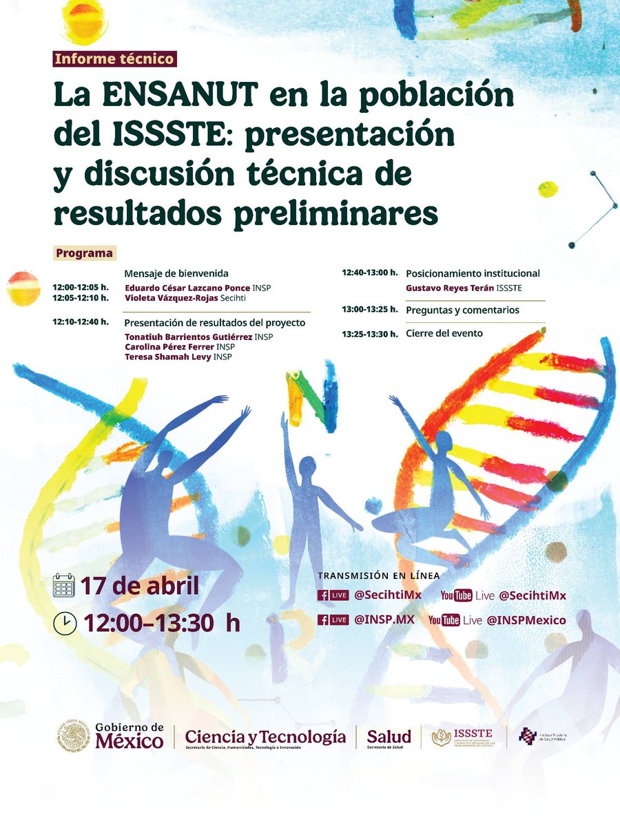 EvaluaCDMX's tweet image. La Secretaría de Ciencia @Secihti_Mx te invita a la presentación del informe técnico preliminar "La Ensanut en la población del ISSSTE: presentación y discusión técnica de resultados preliminares"

#Conéctate 📅 Viernes 17 de abril, 2026. ⏰12 horas
#NoTeLoPierdas #Virtual #CDMX