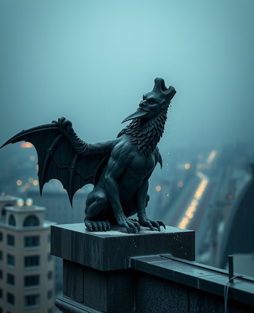 VesselInVivid's tweet photo. A lone gargoyle on a rooftop in pouring rain, head tilted upward mouth open as if howling, water cascading off its outstretched wings, city lights blurred in the storm below, cinematic atmosphere

#Cinematic #DarkArt https://t.co/0WqG6dvMxc