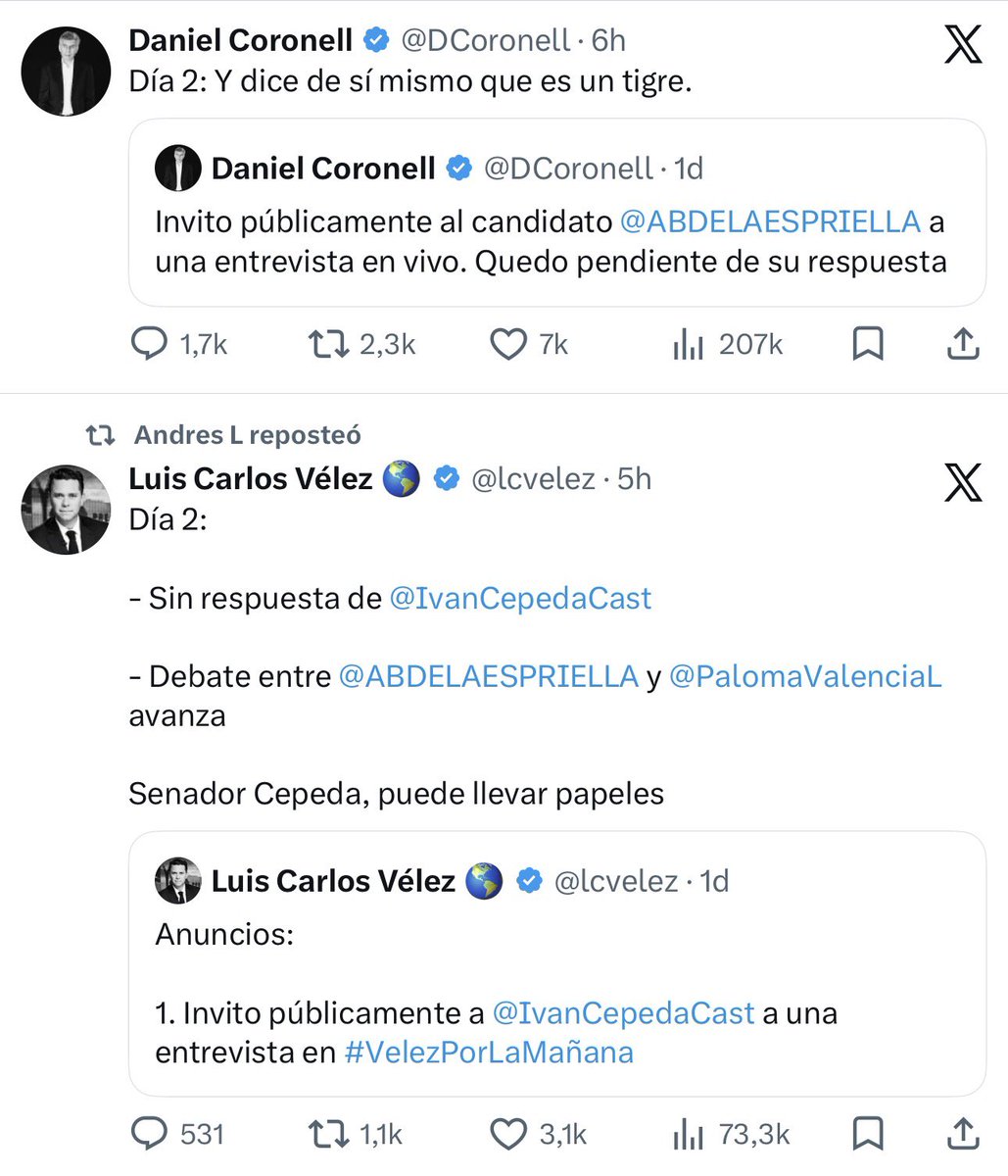 .<a href="/lcvelez/">Luis Carlos Vélez 🌎</a> haciéndole frente al papelón que quiso montar <a href="/DCoronell/">Daniel Coronell</a>. Salió mal la estrategia de querer macartizar al Tigre y de paso conseguir el interés que su contenido hace rato perdió.