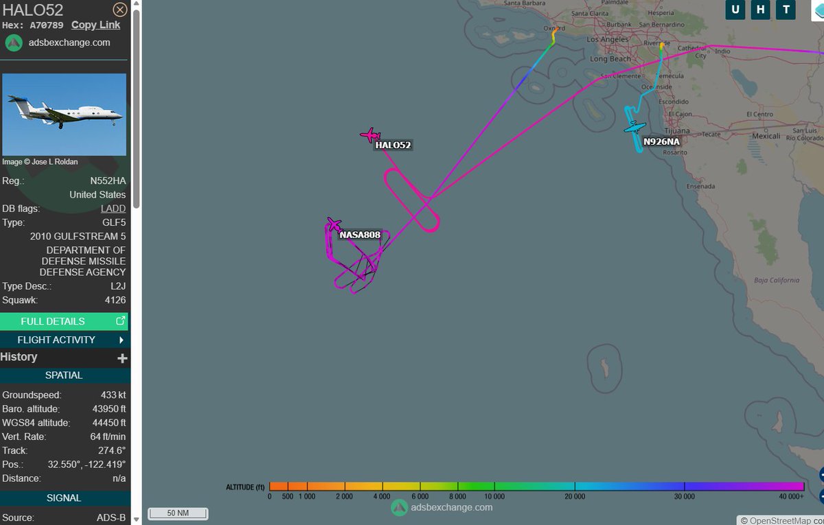 vcdgf555's tweet image. Watching for #Integrity. 

🇺🇸 HALO52 is Missile Defense Agency Gulfstream V N552HA #A70789
🇺🇸 NASA808 is NASA Gulfstream III N808NA #AB00C2
🇺🇸 N926NA is NASA WB-57F N926NA #ACD5A1