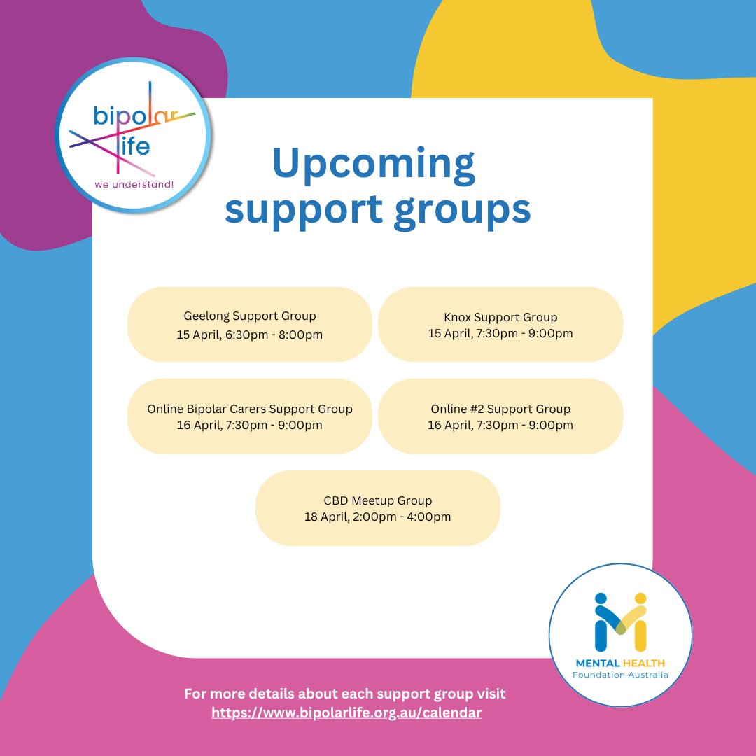 BipolarLifeVic's tweet photo. Upcoming support groups next week, for more details visit our website: https://t.co/D0pPGbmXDt

#bipolar #bipolarsupport #supportgroup #victoria #australia https://t.co/5VyF2OXyig