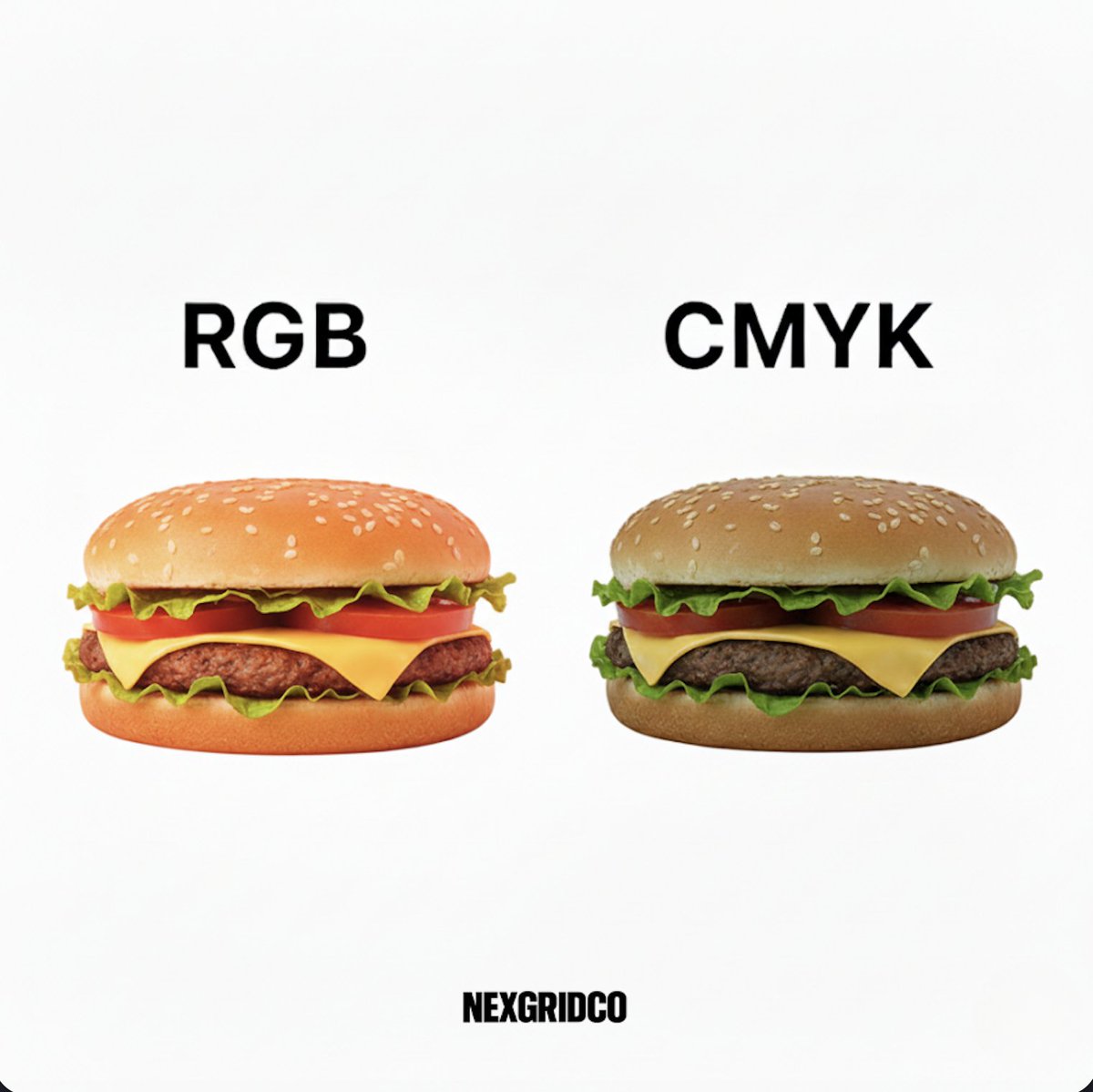 nexgridco's tweet image. The ultimate designer's nightmare: RGB vs. CMYK. Why your screen lies to your printer (and how to fix it). 🍔🖨️