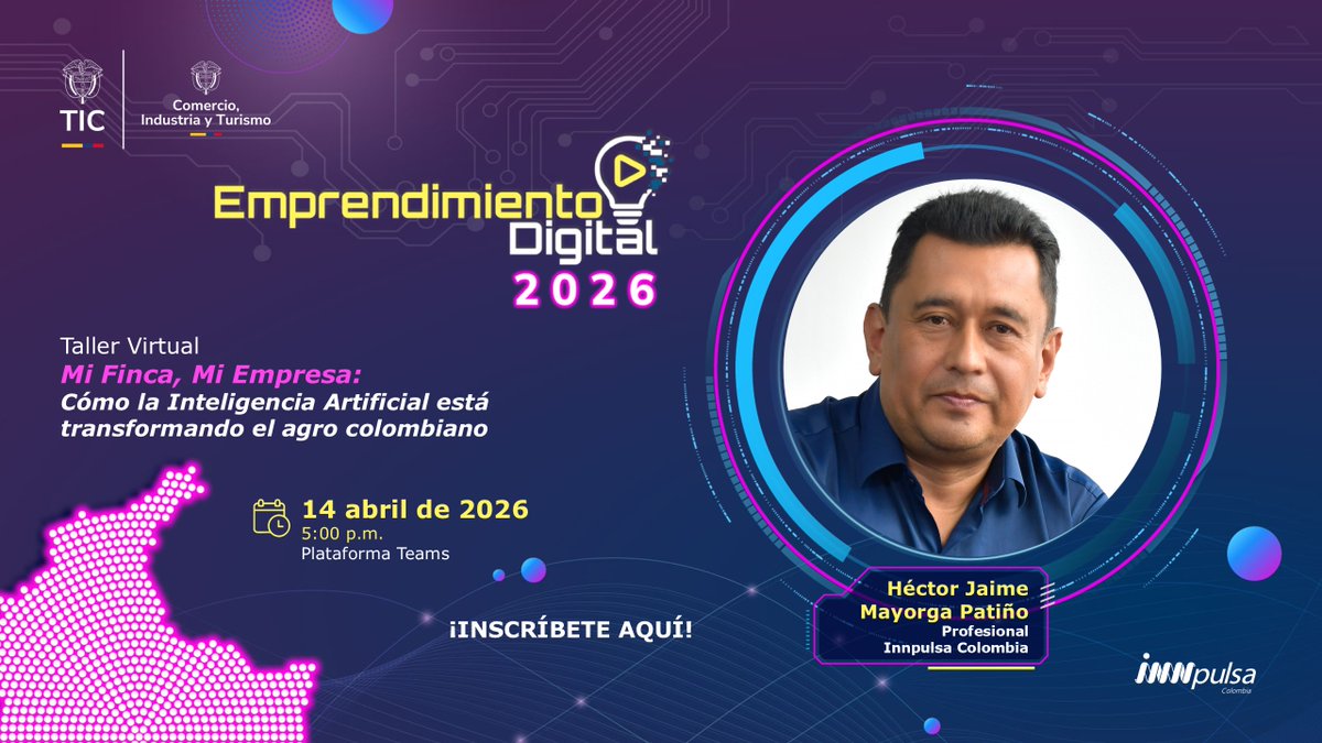 InnpulsaCol's tweet image. ¿Tu finca podría producir más? 🌱 Aprende a usar #InteligenciaArtificial para tomar mejores decisiones, optimizar procesos y hacerla crecer como empresa.

📅 14 abril | ⏰ 5:00 p.m. | 💻 Virtual

Inscríbete 👉 bit.ly/47SgwLg

#EmprendimientoDigital2026