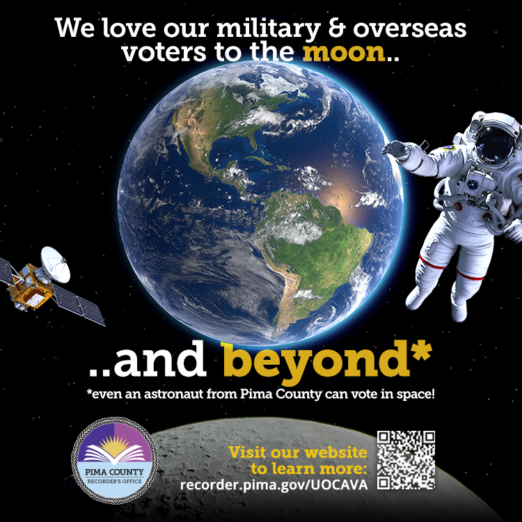 PimaRecorder's tweet photo. It's 2026... of course we can send a ballot to space! 🌌 Eligible military and overseas voters can securely vote on their personal devices using our new Online Ballot Portal! Vote like an astronaut: https://t.co/jPRbWuBpNd https://t.co/4z6KHw4OhN