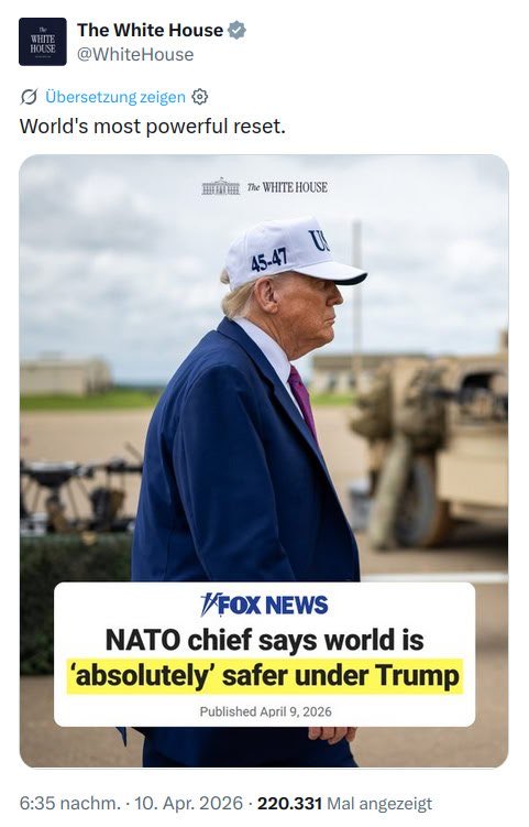spy_the_fly's tweet photo. Das Weiße Haus hat gerade bestätigt, dass der Post über den „mächtigsten Reset der Welt“ sich auf die NATO bezog. Ich sage seit Jahren allen, dass die NATO ein archaisches Relikt einer anderen Zeit ist und ihr Ende naht. Wenn wir einen Deal mit Russland machen, wozu brauchen wir dann noch die NATO?

"DER MÄCHTIGSTE NEUSTART DER WELT!!! Präsident DJT"

"NATO-Chef sagt, die Welt sei unter Trump „absolut“ sicherer"

@WarClandestine