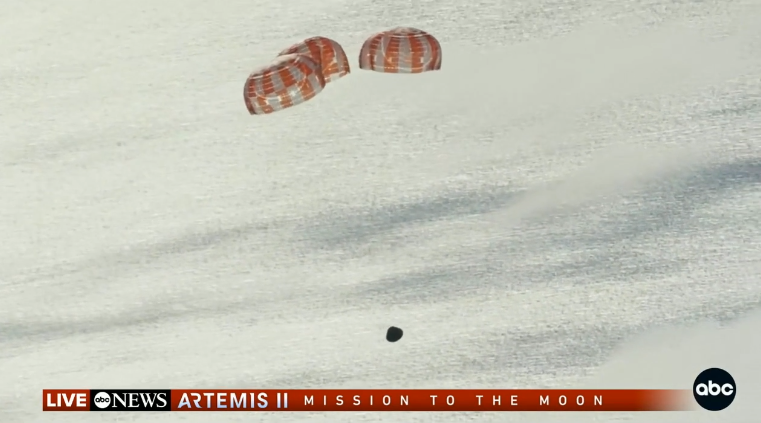 ABC7's tweet image. #LIVE: Parachutes deployed successfully as Artemis II crew is now approximately 1 minute away from splashdown. Watch #LIVE HERE: abc7.com/post/artemis-i…