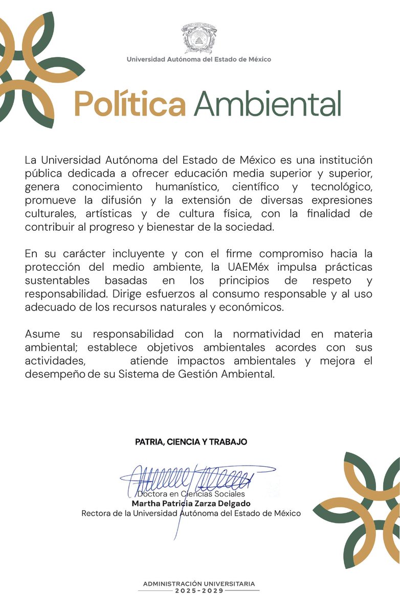 SECCUUAPUAEMEX's tweet photo. 🏛️✅🌿 Calidad y Sustentabilidad: El motor de nuestras regiones. Conoce la Política de Calidad y la Política Ambiental 2026 de la #UAEMéx. 🗺️✨
Comprometidos con la excelencia y el cuidado del medio ambiente en cada Centro Universitario y UAP. 🐎💚💛✅
#TuEspacioAcadémicoUAEMéx https://t.co/Jc8EEuqqX1