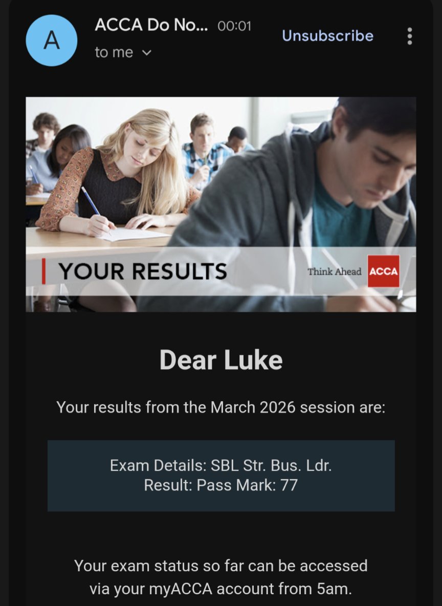 I know the ACCA results come out at midnight but I have got to be dreaming right?
77? I was so convinced (for the first time) that I had failed SBL despite studying so much for it
How am I supposed to sleep for the rest of the night? 
I'm honestly stunned, the hard work lays off
