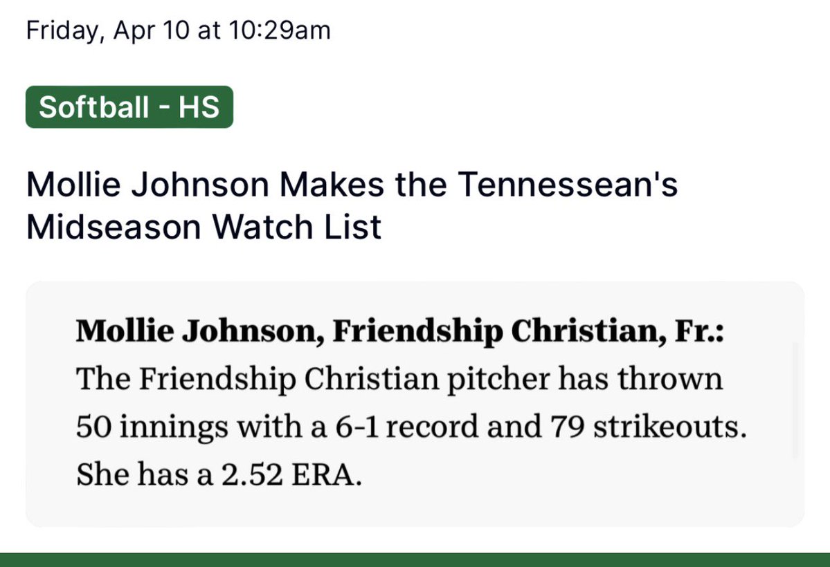 MollieJohn67453's tweet image. Honored to be named a Tennessean Mid-Season Player to Watch 🙏
Grateful for the opportunity and all the support behind me. Still a lot of work to do 💪
#Softball #2029RHP #Grind

@tnmojo2011 @CoachMike_FCS @LadyCommanderSB 

@FastpitchPower @D1Softball @D1ProScouts