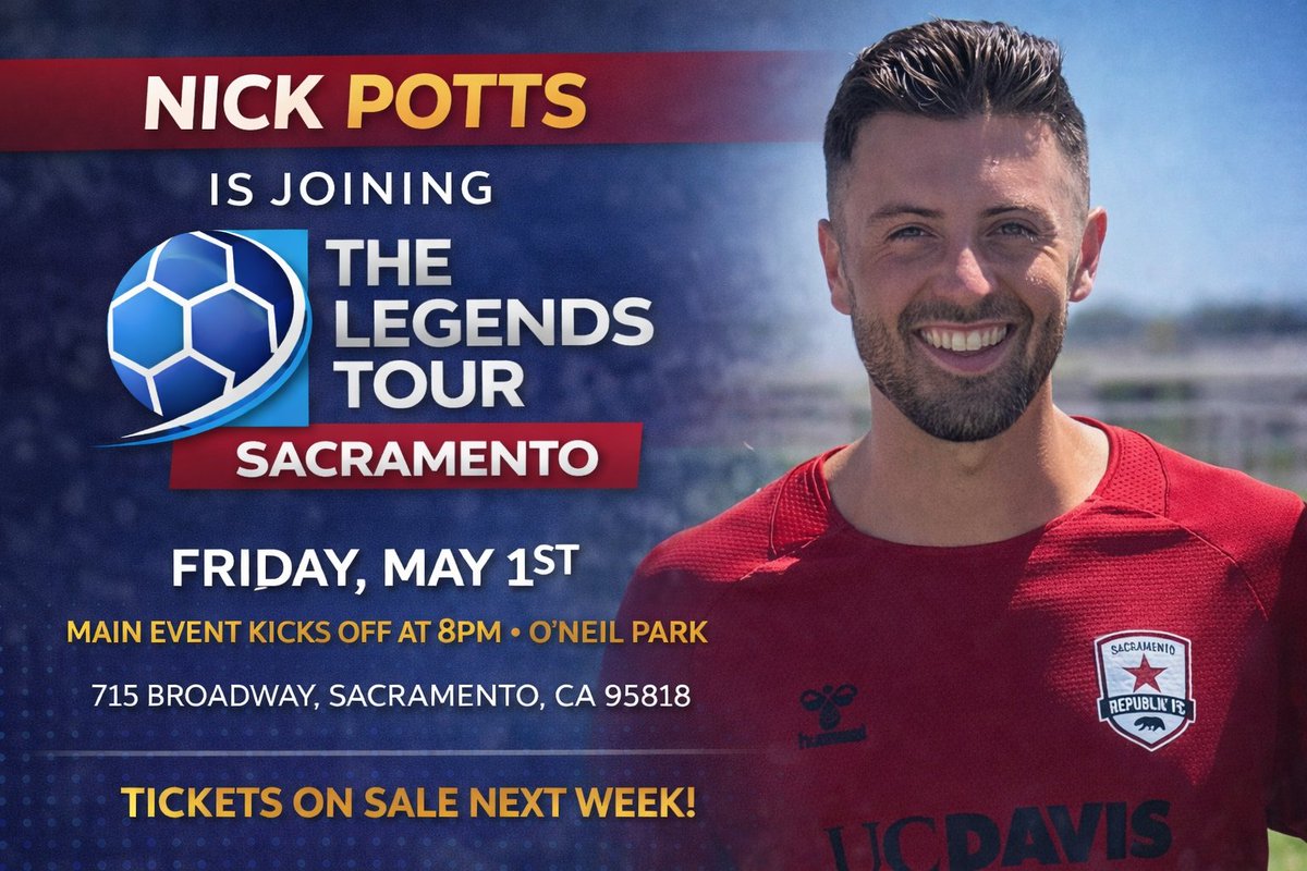 TheLegends_Tour's tweet photo. Nick Potts joins The Legends Tour – Sacramento ⚽️🔥

📅 May 1 | 📍 O’Neil Park
🎟 Tickets on sale next week

Fun. Fast. Futbol. https://t.co/ho6nqxBwo1